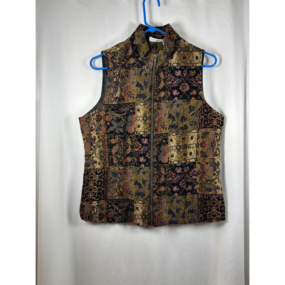 White Stag Womens Vintage Tapestry Patchwork Zip Up Vest Mock Neck Gold Black M